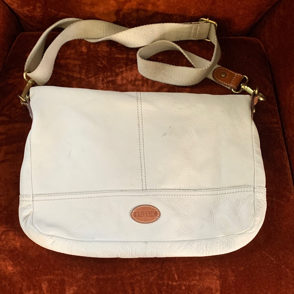 Fossil White Leather Crossbody Satchel with Canvas Strap